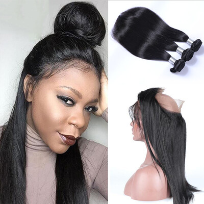 

8A 360 Lace Frontal Closure With 3 Bundles Brazilian Straight Virgin Human Hair Weaves 4Pcs Lot Natural Black Remy Hair Extensions