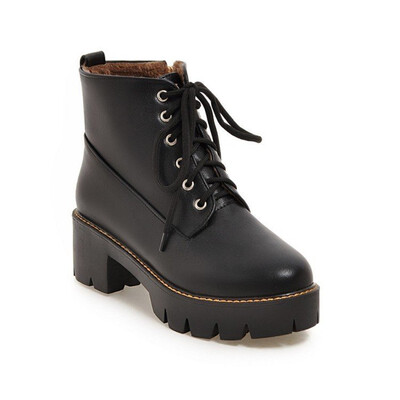 

IDIFU Womens Trendy Round Toe Platform Side Zipper Biker Booties Lace-up Block Mid Heel Short Boots