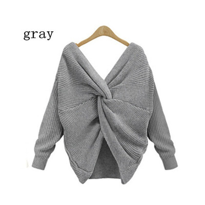 

2018 Two Wearing V-neck Knotted Backless Sweater Long-sleeved Women