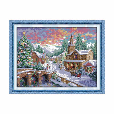 

Decdeal 213 17 inches Snowscape Pattern Cross Stitch Kit with Pre printed 14CT Canvas Cloth & Cotton Thread Embroidery Cross St