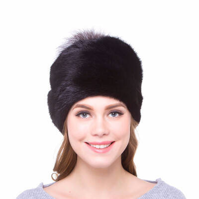 

Womens Winter Warm Fashion Hat Natural Mink Fur Top Fox Hair Ball Real Fur Hat 2018 New Discount Free Shipping Russian Street