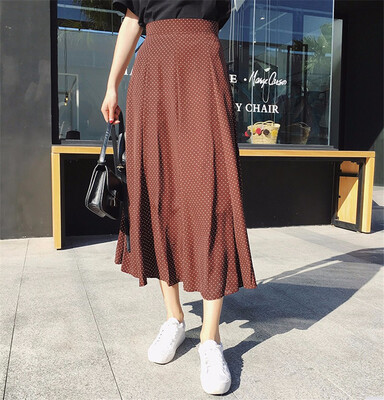 

High Waist Dot Print Midi Skirts Women Elegant Sweet Bohemian Skirts Korean Style Faldas Mujer Saias