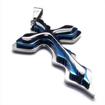 

Hpolw Mens Cool Silver Blue Fashion Trendy Stainless Steel Necklace Cross Pendant 18-26 inches Chain