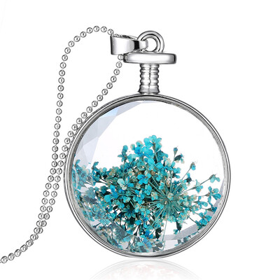 

Aiyaya Mini Blue Real Dry Flower Silver Perfume Round Bottle Glass Lovers Necklace Chain for Women