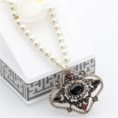 

Exquisite Turkish Resin Beads Pendant Necklaces For Women Party Ethnic Jewlery Gifts Antique Gold Color Long Sweater Chain 2018