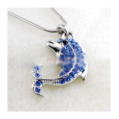 

2015 Мода Женская Синий Кристалл Rhinestone Дельфин шарма шарика Лаки ожерелье Подвески