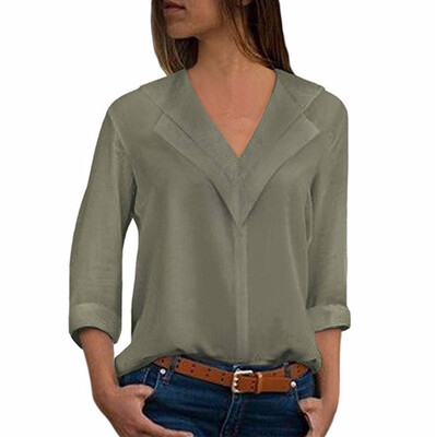 

2018 Women Ladies Sexy Solid V-neck Long Sleeve Shirt Tops