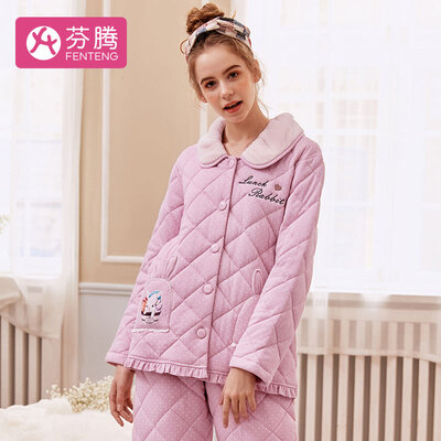 

Fenton quilted padded ladies pajamas 2018 autumn&winter new print lapel long sleeve comfortable home service F98940014 light pink XL