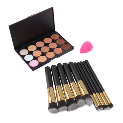 

15-Colors Makeup Concealer Palette + 10pcs Brushes Set Tool + Sponge Puff Black