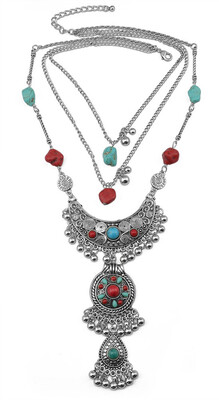 

Idealway Vintage 2 Colors Gold Silver Alloy Multilayer Chains Natural Turquoise Moon Shape Beads Tassel Pendant Long Necklace