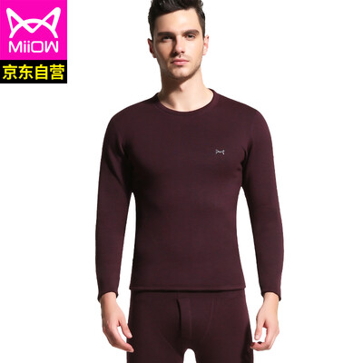 

Cat people thermal underwear men plus velvet thickening youth round neck autumn clothing long pants thick section bottoming warm set SQF206001 wine red round neck 17095 L