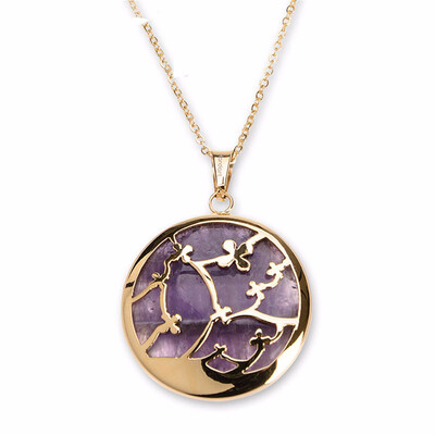 

Round Plum Branch Purple Quartz Crystal Pendant Stainless Steel Necklaces 17"
