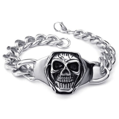 

Hpolw Mens silver&black Stainless Steel Lobster Clasps Bracelet&Gothic Skullskeleton Charm Biker Link punk Bracelet