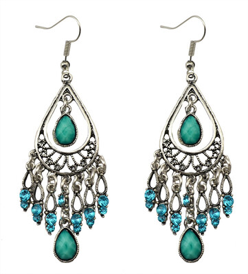 

Bohemian vintage style hollow silver metal flower green gem stone fashion big rhinestone dangle earrings