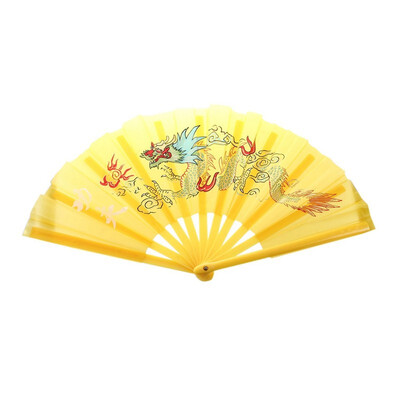 

UpperX Handmade Plastic Frame Dragon Printed Folding Hand Fan Yellow