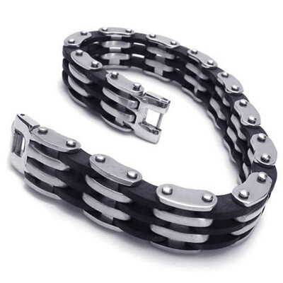

Hpolw black&silver Stainless Steel Rubber Quality guaranteecolorfast Mens bike chain Bolt buttoned Bracelet8 34 Inch