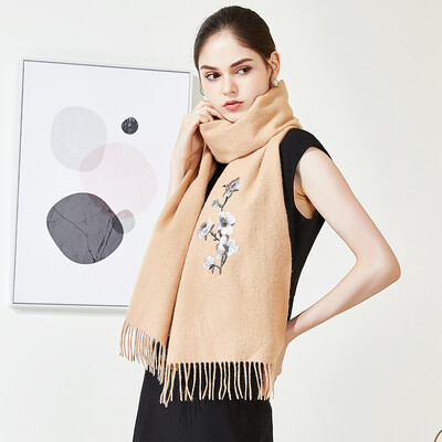 

Lan Shi Yu wool scarf ladies autumn&winter shawl warm su embroidery plus long solid color tassel gift collar W8417 khaki plum