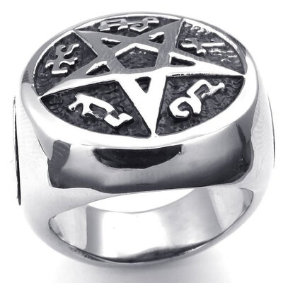 

Hpolw Mens 316L Stainless Steel Carved with sacred Fu Wen men Ring Vintage fashion Pentagram Black&Silver