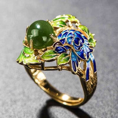 

Jade ring national wind s925 silver gilt jewelry baking blue process green leaf opening ring female
