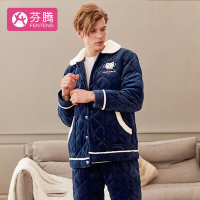 

Fenton thickening plus velvet warm mens pajamas fun couple models 2018 autumn&winter new cartoon pattern lapel comfortable long-sleeved home service L98950083 Baolan