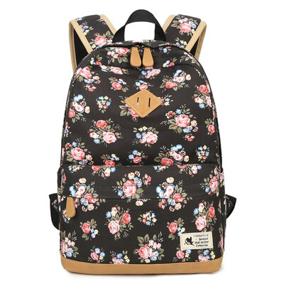 

New fashion canvas backpack female small floral middle school student bag computer travel backpack female