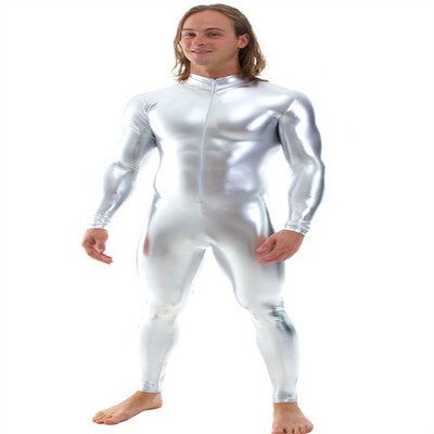 

Free Shipping Mens Black Shiny Catsuit Stretch Front Zipper Zentai Jumpsuit Muscle Leotards Mens Stage Performance Costumes