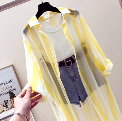 

New arrival women stripe shirt long sleeve long style Suntan wear coat