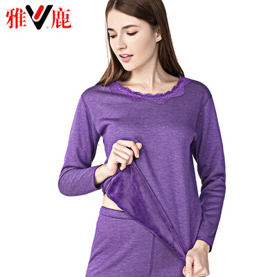 

Yalu thermal underwear men thickening plus velvet autumn clothes long pants suit de velvet thick warm underwear lovers suit female round neck deep purple M