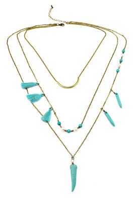 

Idealway New Fashion Bohemia Gold Alloy Multilayer Chains Thread Tassel Natural Turquoise Beads Pendant Long Necklaces Females Jewelry