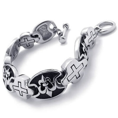 

Hpolw Men's Vintage fashion silver&black Stainless Steel Cross Fleur De Lis pattern beautiful design Bracelet
