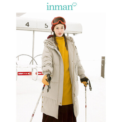 

INMAN 2018 winter new style plus velvet hood long section over the knee windproof warm thick down jacket jacket female 1884121170 light gray M