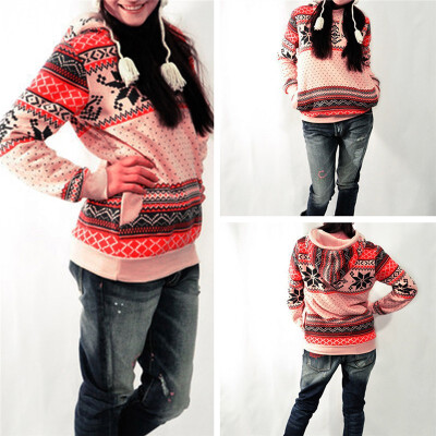 

Women casual long sleeve hooded sweatshirt Christmas Snowflake Printed Top Sweater