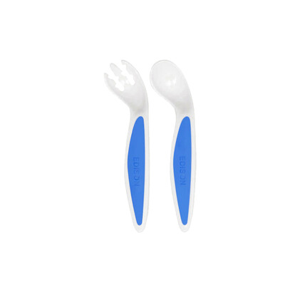 

Korea Edison childrens tableware baby spoon set baby portable tableware food supplement training elbow fork spoon set with storage box blue