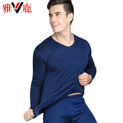 

Yalu thermal underwear mens thickening plus velvet autumn clothes long pants set de velvet thick thermal underwear couple suit male V-neck blue XL