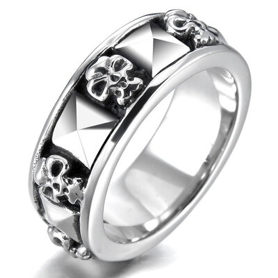 

Hpolw Men's Stainless Steel Ring Band Silver Black Skull Pyramid Gothic Biker