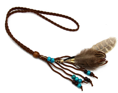 

Idealway Handmade Braid Brown Leather Chain Beads Feather Tassel Hair Band Hair Accessory