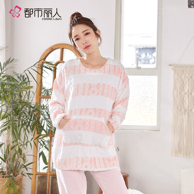 

Urban beauty pajamas women 18 autumn&winter new casual simple cute sweet flannel home service round neck thick long-sleeved trousers pajamas set 2H8210 light pink