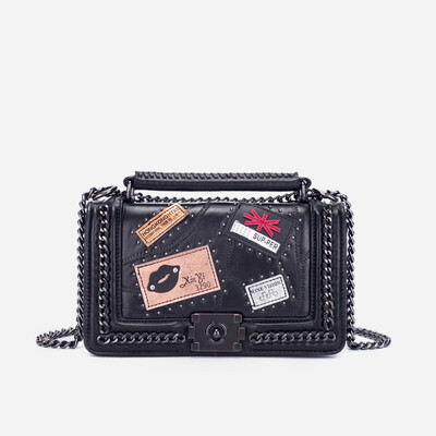 

PAIZI retro badge bag small fragrance chain bag shoulder slung handbag bag fashion small square bag tide 9079-13 black