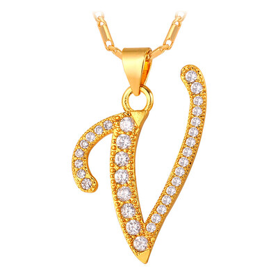

U7 2016 Fashion V Letter Design Capital Initial Necklace Women Men Jewelry Platinum /Gold Plated Alphabet Letter Necklace