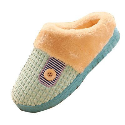 

Women Men Winter Slippers Warm Fleece Grid Buttons Soft Indoor Home Shoes