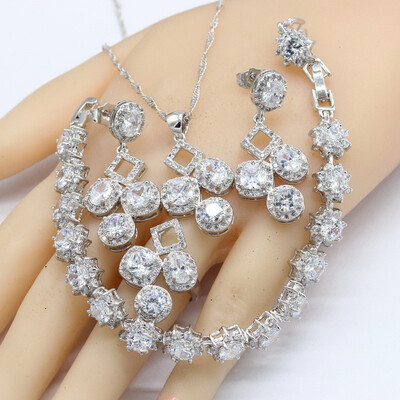 

Christmas Gift 925 Silver Bridal Jewelry Sets For Women White Zirconia Bracelet Earrings Necklace Pendant Rings