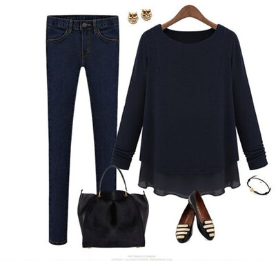 

New fashion women Contrast Long Sleeve Two Layer Tiered Knit with Chiffon Top Blouse MLXL
