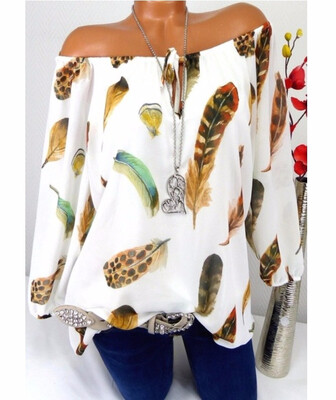

2018 Women Ladies Fashion Feather Print Blouse Sexy Off Shoulder Long Sleeve Tops S5XL