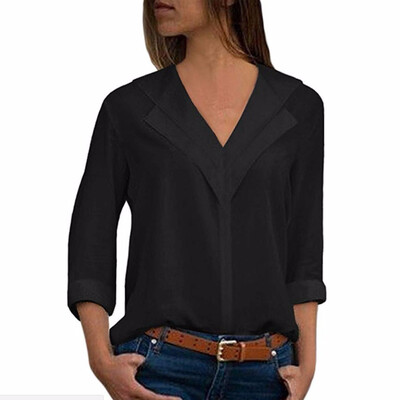 

2018 Women Ladies Sexy Solid V-neck Long Sleeve Shirt Tops