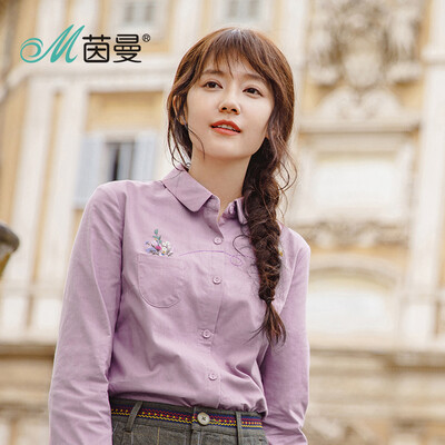 

INMAN 2018 autumn new literary retro romantic embroidered long-sleeved shirt shirt female 18830VP11483 light purple S