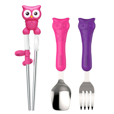 

Korea Edison Owl Series Childrens Cutlery Set Baby Chopsticks Stainless Steel Fork Spoon Child Chopsticks Spoon Fork Three-Piece Set 3 Years Old Powder Purple