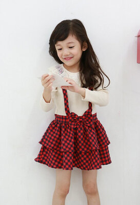 

Cute Baby Girls Long Sleeve Lace Neck Plaid Strap One Piece Pleated Dress