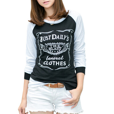 

CT&HF Women Korean Letter Printed Long Sleeves Cotton Round Neck T-Shirt