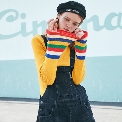 

PASS2018 new autumn&winter color matching turtleneck sweater female Slim student white bottoming sweater tide 68303PA23009 ginger yellow S