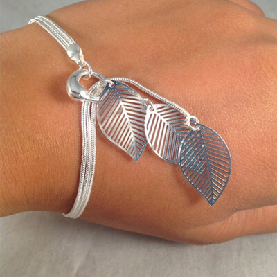 

Fashion Women Silver Leaves Bracelets Delicate Hollowed-out Leaf Bangle